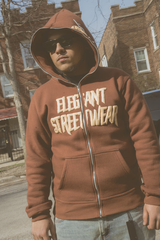 “WGTOTW” 3D puff full zip up hoodie (Mocha)